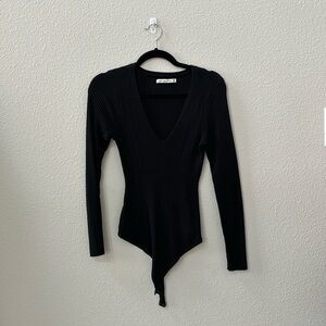 Long-Sleeve Thick Knit Fabric V-Neck Bodysuit